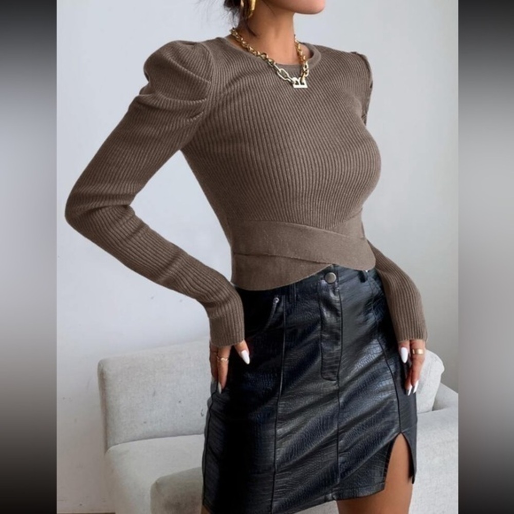 Solid Puff Sleeve Sweater‎